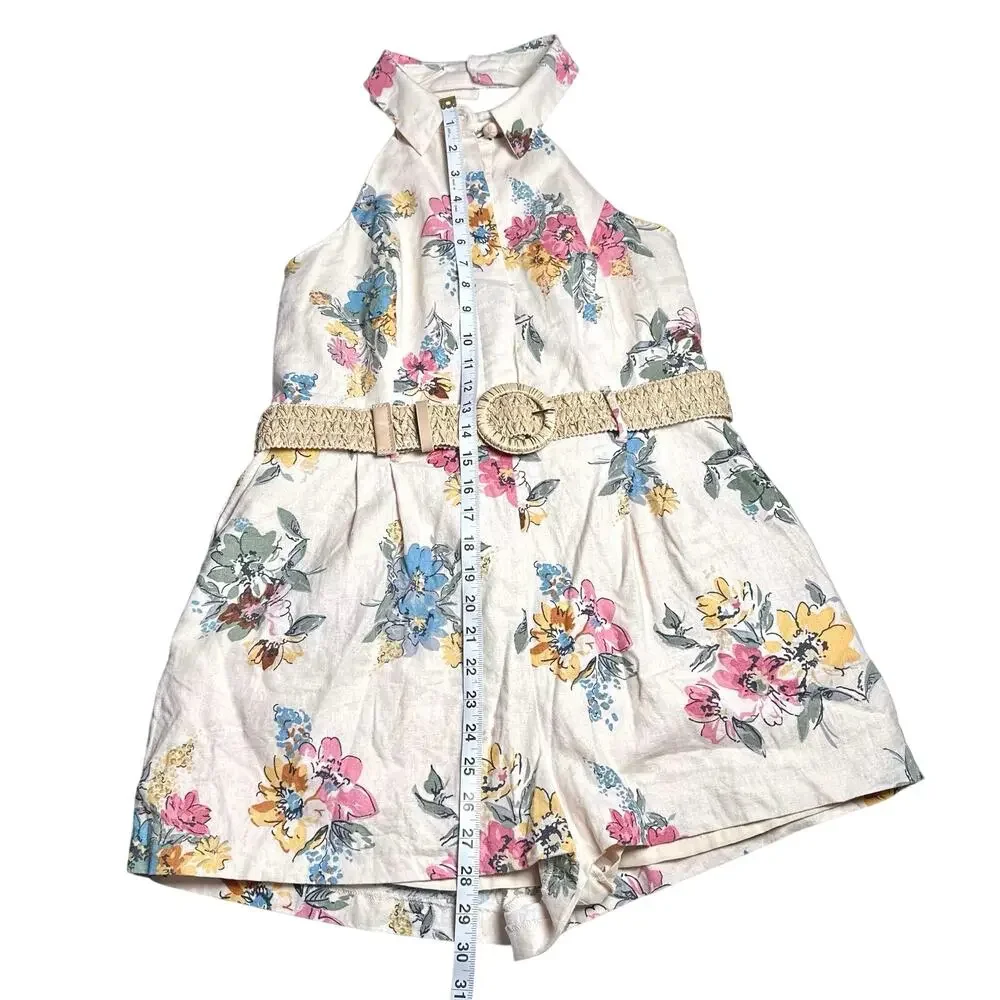 House of Harlow 1960 | Women | Floral Linen Blend Halter Belted Romper | Sz 12